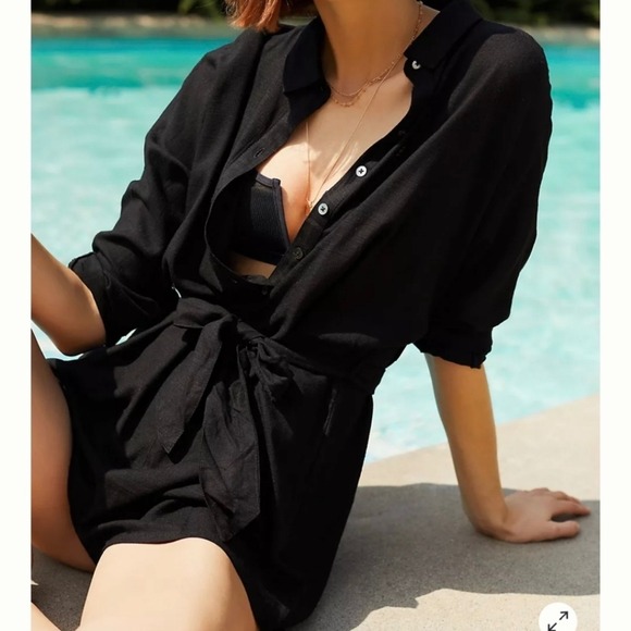 l*space Pants - LSPACE Romper Womens Medium Black Button Front Long Sleeve Viscose Beach Coverup